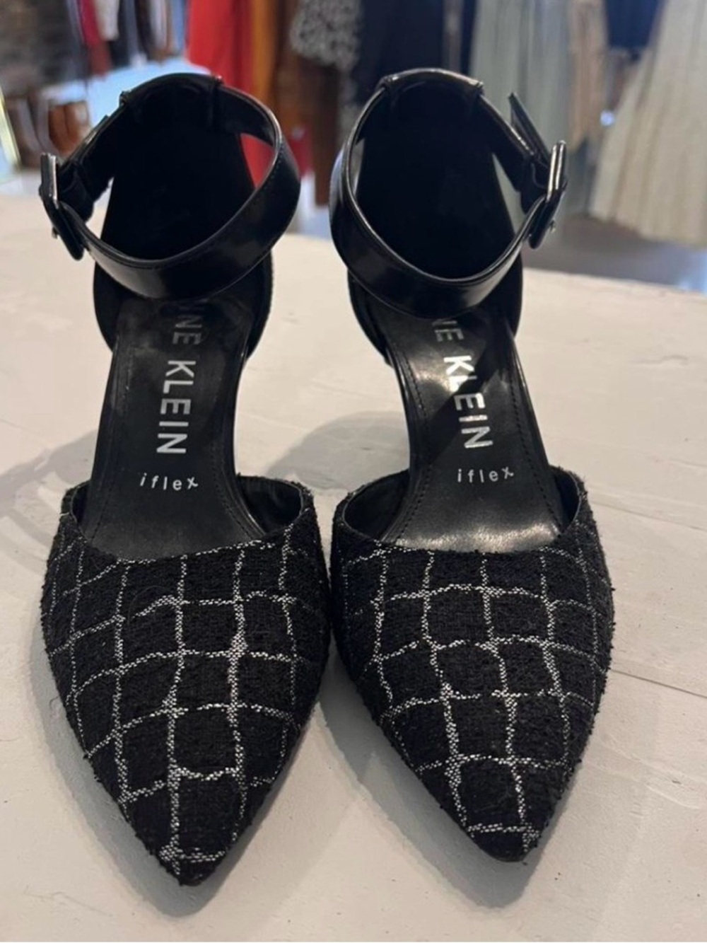 Anne Klein Black Pointed Toe Ankle-Strap Pumps with Silver Grid